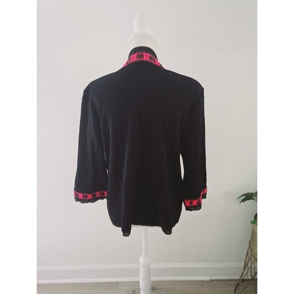 Ming Wang Open Front Knit Ribbon Black Pink Cardigan Sweater L Petite PL - Picture 7 of 9